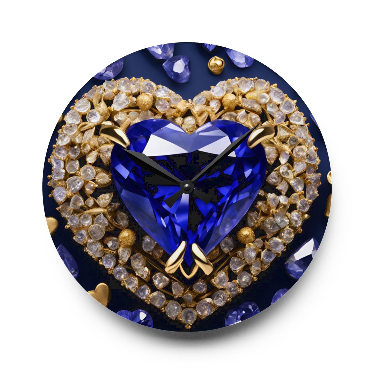 Heart Design Acrylic Office Clock Unique Colorful Wall Clock for Kitchen or Living Room Royal Sapphire Blue Brooch-look Bling Clock