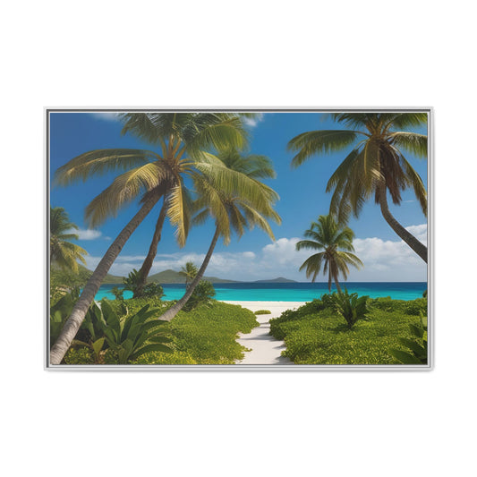 Palm Tress on the Beach Print Outdoors Design Unique Framed Canvas Print Wall Art Gift Beachy Nature Lover Ocean Waves Decor 3 frame colors