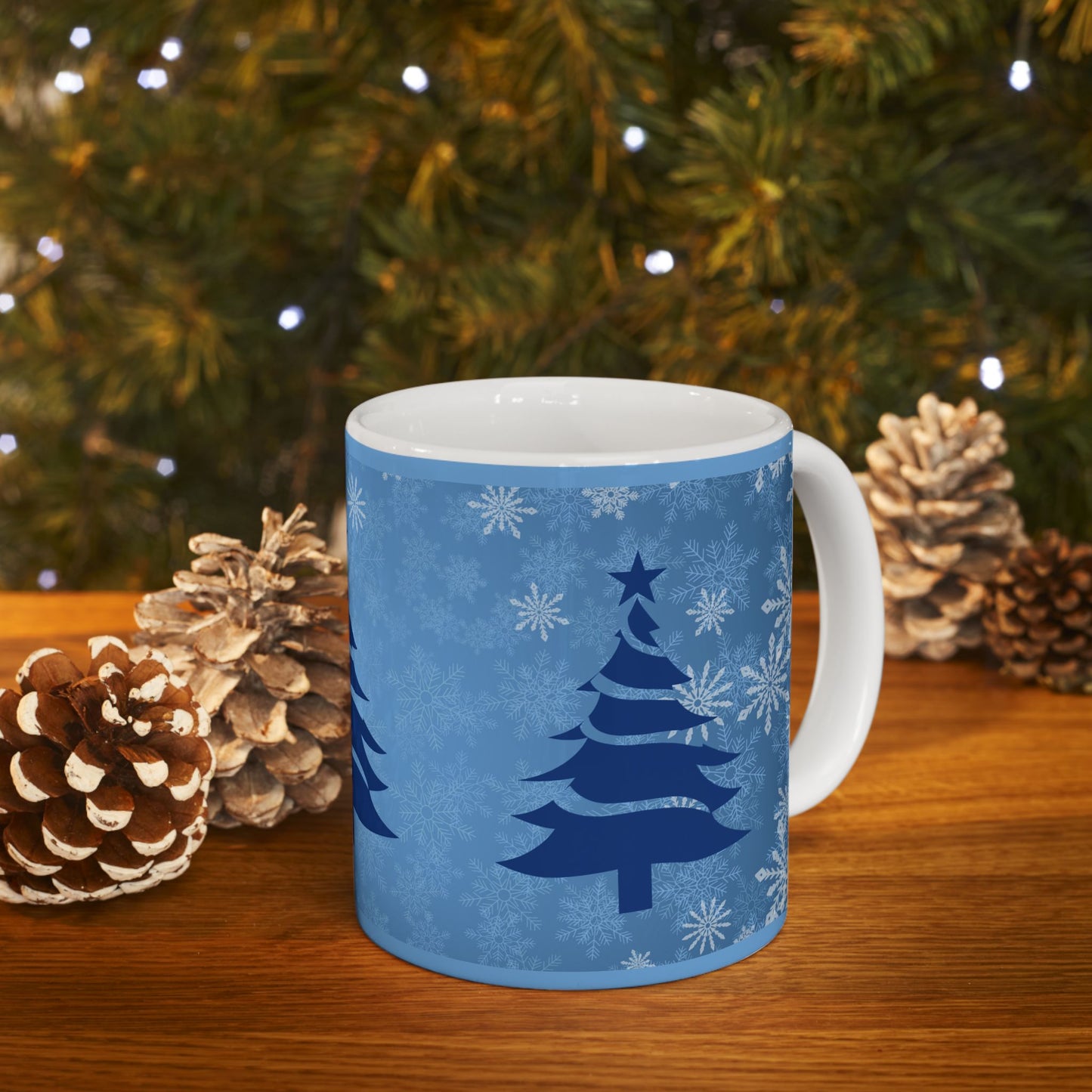 Blue and White Christmas Tree Snowflake Ceramic Coffee Tea or Hot Chocolate Holiday Gift 11 oz Mug