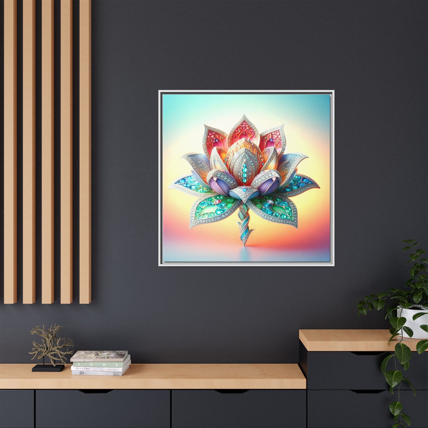 Bejeweled Lotus Blossom Framed Canvas Print Wall Art Unique Fashion Haute Couture Fashionista Flower Lover Gift Decor 3 Frame Colors