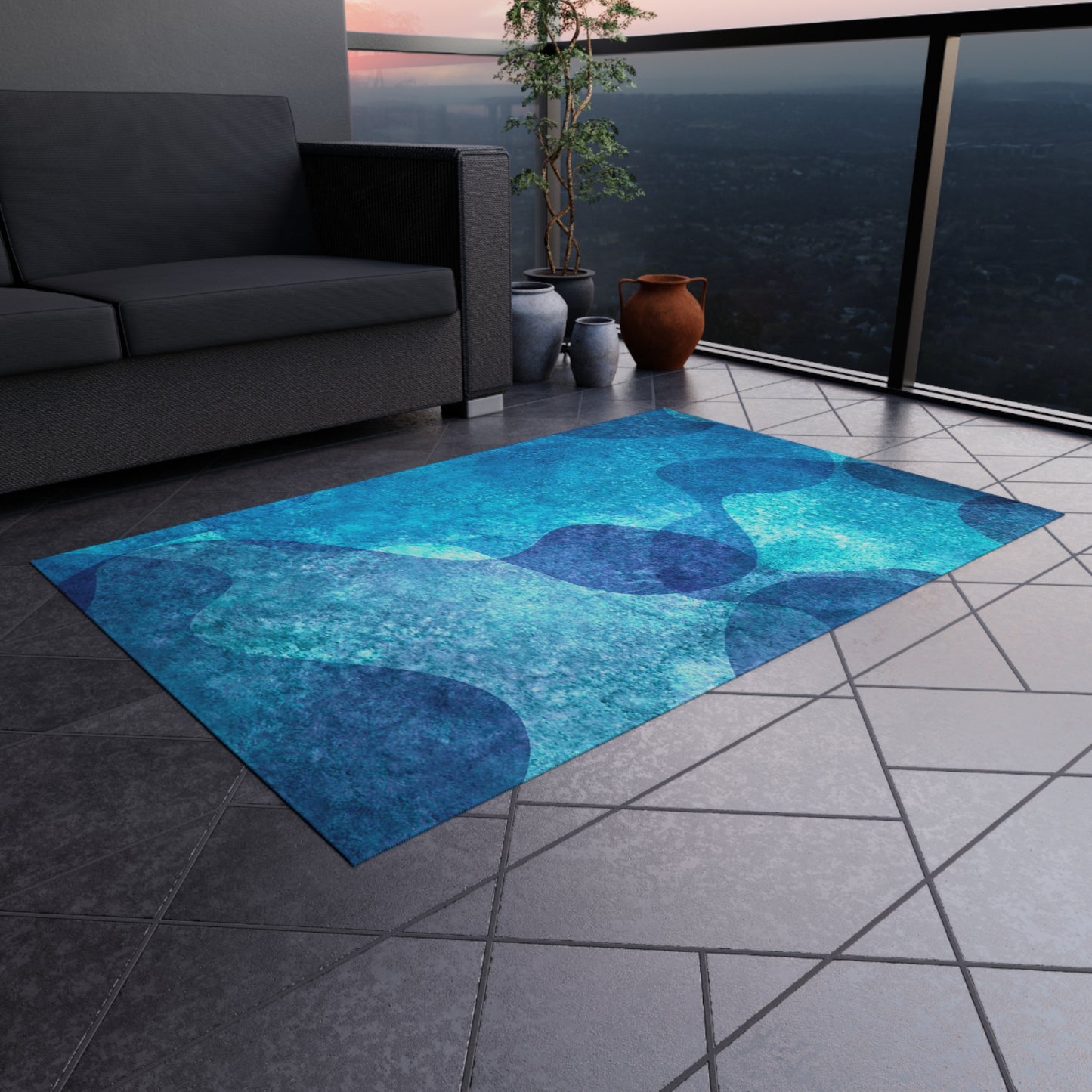 Modern Wave Design Chenille Outdoor Rug No-Skid Backing Cozy Outdoor Beachy Patio Decor Gazebo Rug Pool Area Decor Outdoor Kitchen Carpet