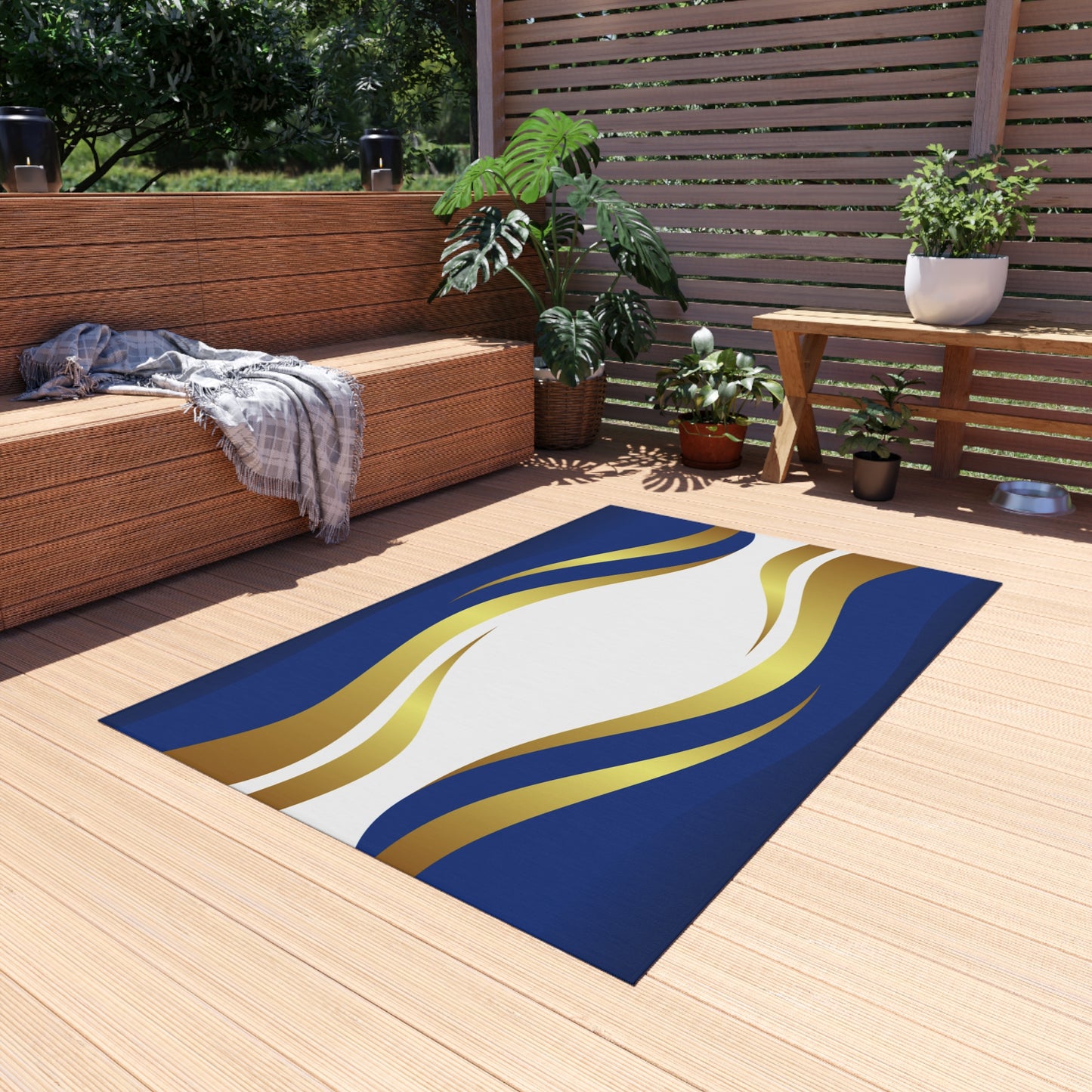 Modern Wave Design Chenille Outdoor Rug No-Skid Backing Cozy Outdoor Beachy Patio Decor Gazebo Rug Pool Area Decor Outdoor Kitchen Carpet