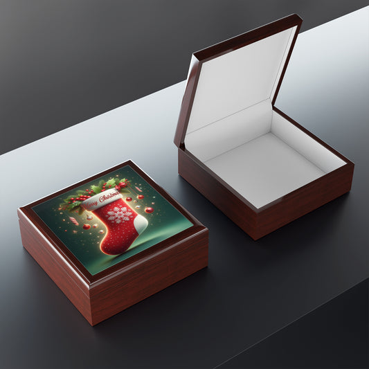 Christmas Wood Jewelry Box Handcrafted Holiday Trinket Rustic Keepsake Gift for Him or Her, Festive Vanity Storage Decor - 3 color options