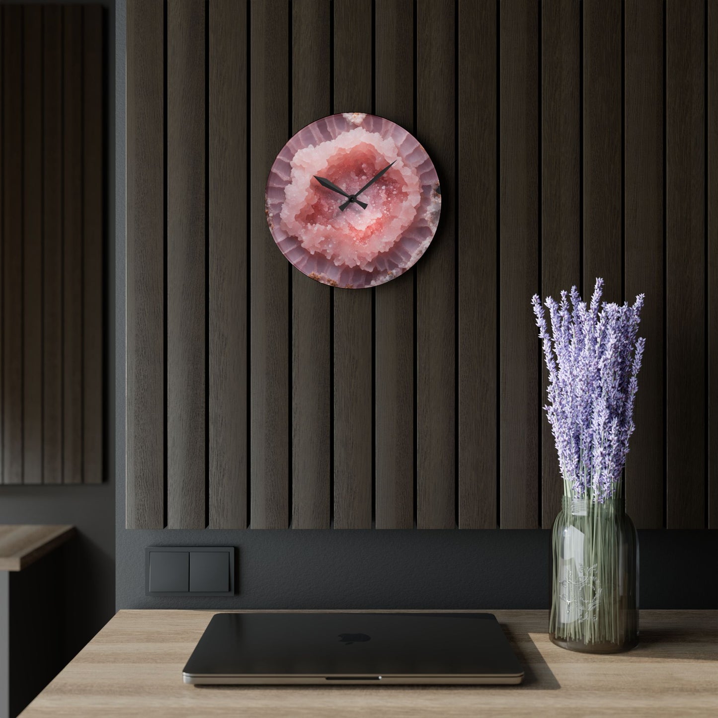 Pink Quartz Crystal Geode Unique Design Acrylic Wall Clock Agate Crystal Lover Gemologist Gift Nature Lover Rock Gift