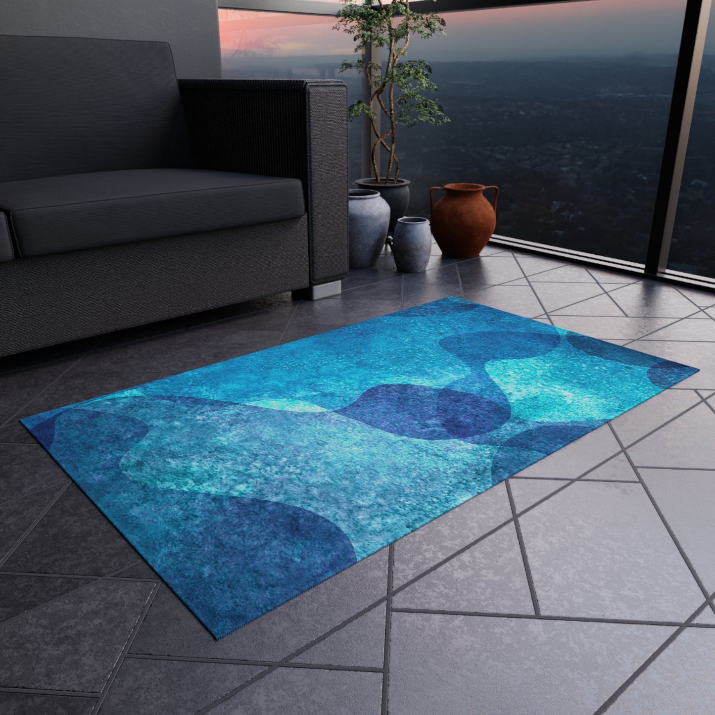 Modern Wave Design Chenille Outdoor Rug No-Skid Backing Cozy Outdoor Beachy Patio Decor Gazebo Rug Pool Area Decor Outdoor Kitchen Carpet