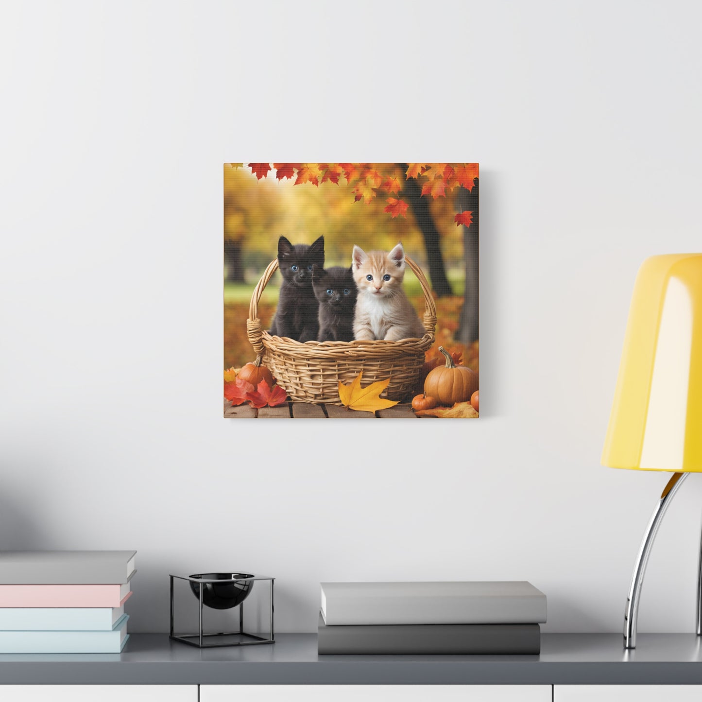 Kittens in Basket Fall Print Wall Art | Matte Canvas, Stretched, 1.25" | Cat Lover | Autumn | Pumpkins |