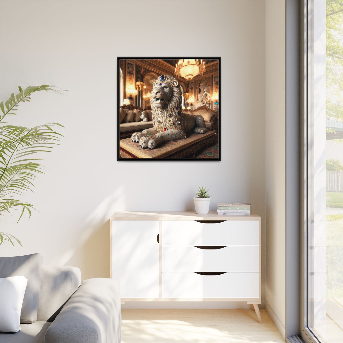 Bejeweled Lion Framed Canvas Print Wall Art Unique Fashion Designer Haute Couture Fashionista Animal Lover Gift Decor 3 Frame Colors