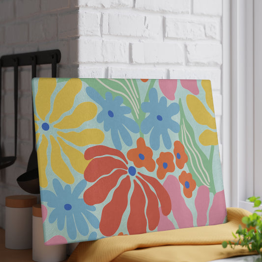 Retro Boho Kitchen Decor Glass Cutting Board Serving Tray with Floral Design Cutting Board Gift for Home Cook Fun Flower Charcuterie Board