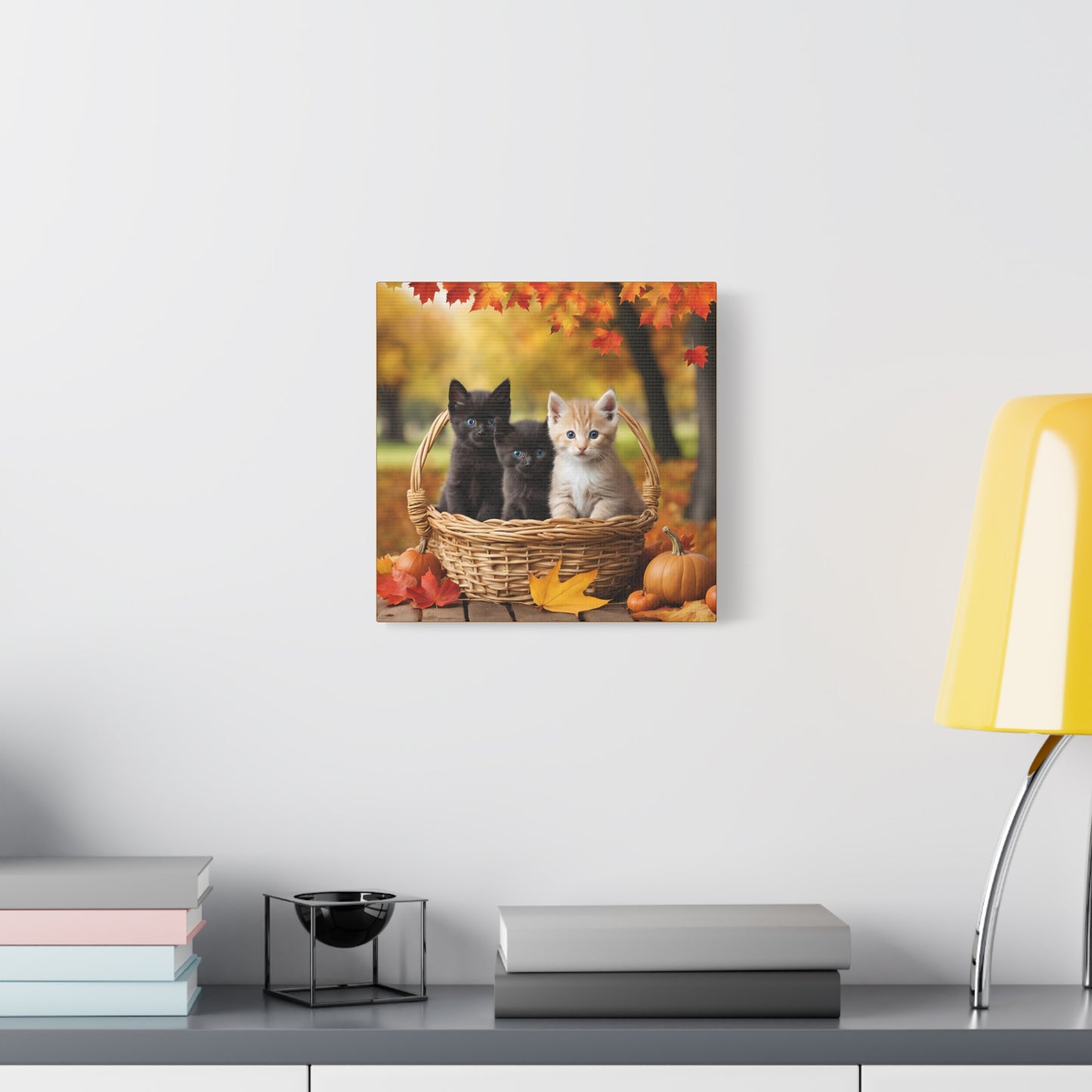 Kittens in Basket Fall Print Wall Art | Matte Canvas, Stretched, 1.25" | Cat Lover | Autumn | Pumpkins |