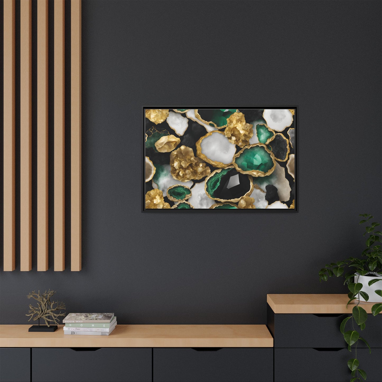 Emerald Green and Gold Quartz Crystal Design Print Matte Canvas Wall Art Nature Lover Gift Geology Rock Lover Gift 3 frame color choices