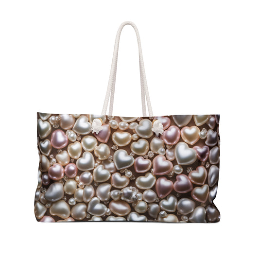 Pearl Heart Design Weekender Tote Bag Cottage Core Valentine's Minimalist Wedding Gift Bridal Shower Wedding Gift for Her Romantic Gift