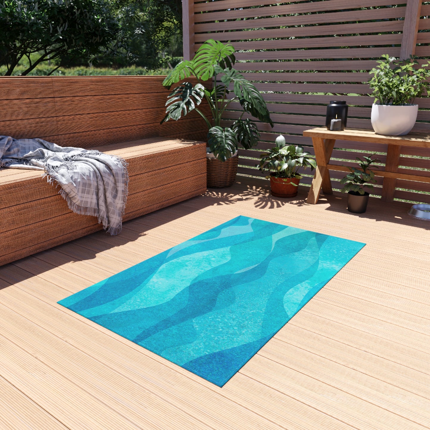 Modern Wave Design Chenille Outdoor Rug No-Skid Backing Cozy Outdoor Beachy Patio Decor Gazebo Rug Pool Area Decor Outdoor Kitchen Carpet