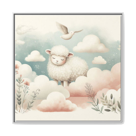 Whimsical Nursery Decor Pastel Lamb Design Unique Sweet Baby Room Framed Canvas Print Wall Unisex Baby Shower Gift Decor 3 frame colors