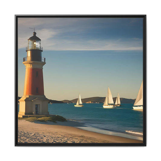 Lighthouse on the Beach Unique Framed Canvas Print Wall Art Nature Lover Gift Beachy Sailboats in the Ocean Vacation Decor 3 frame colors