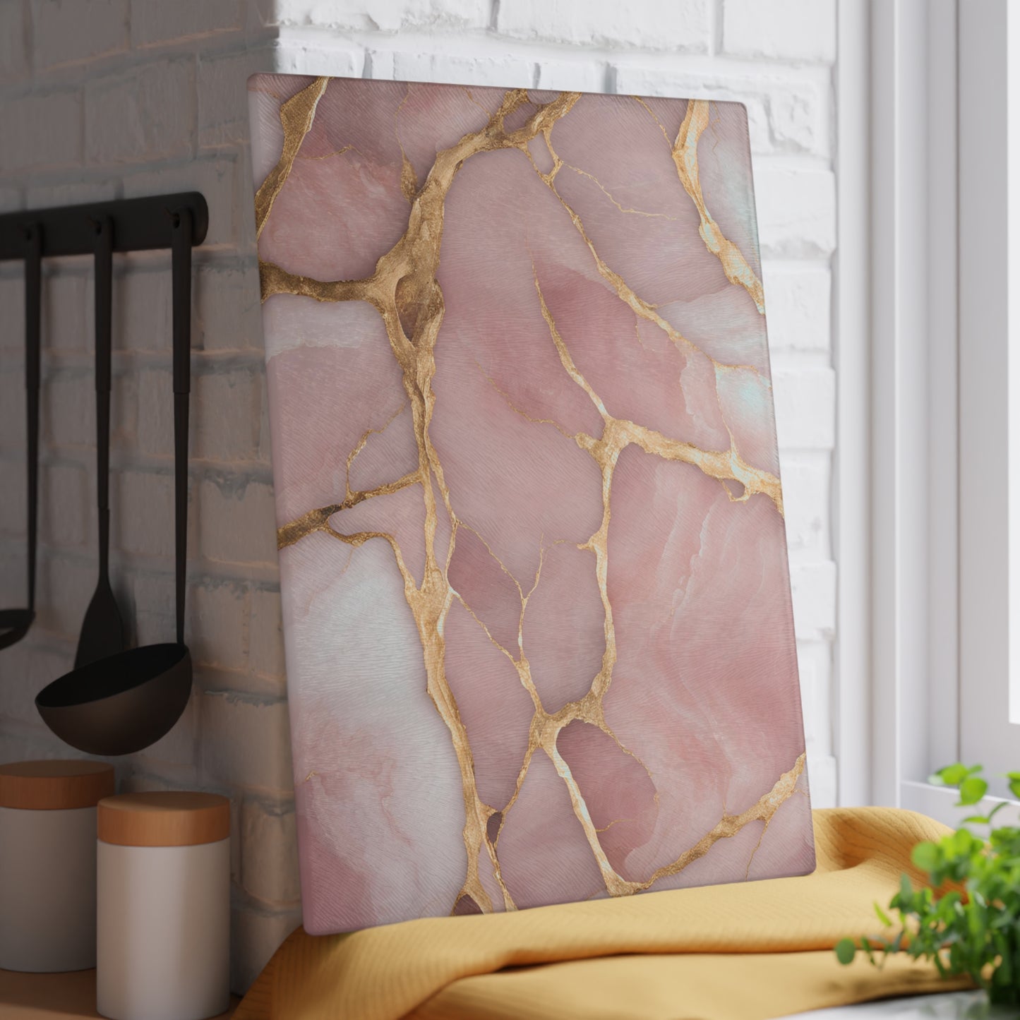 Kitchen Decor Glass Cutting Board Serving Tray with Pink Quartz-inspired Pattern Cutting Board Gift for Home Cook Charcuterie Board