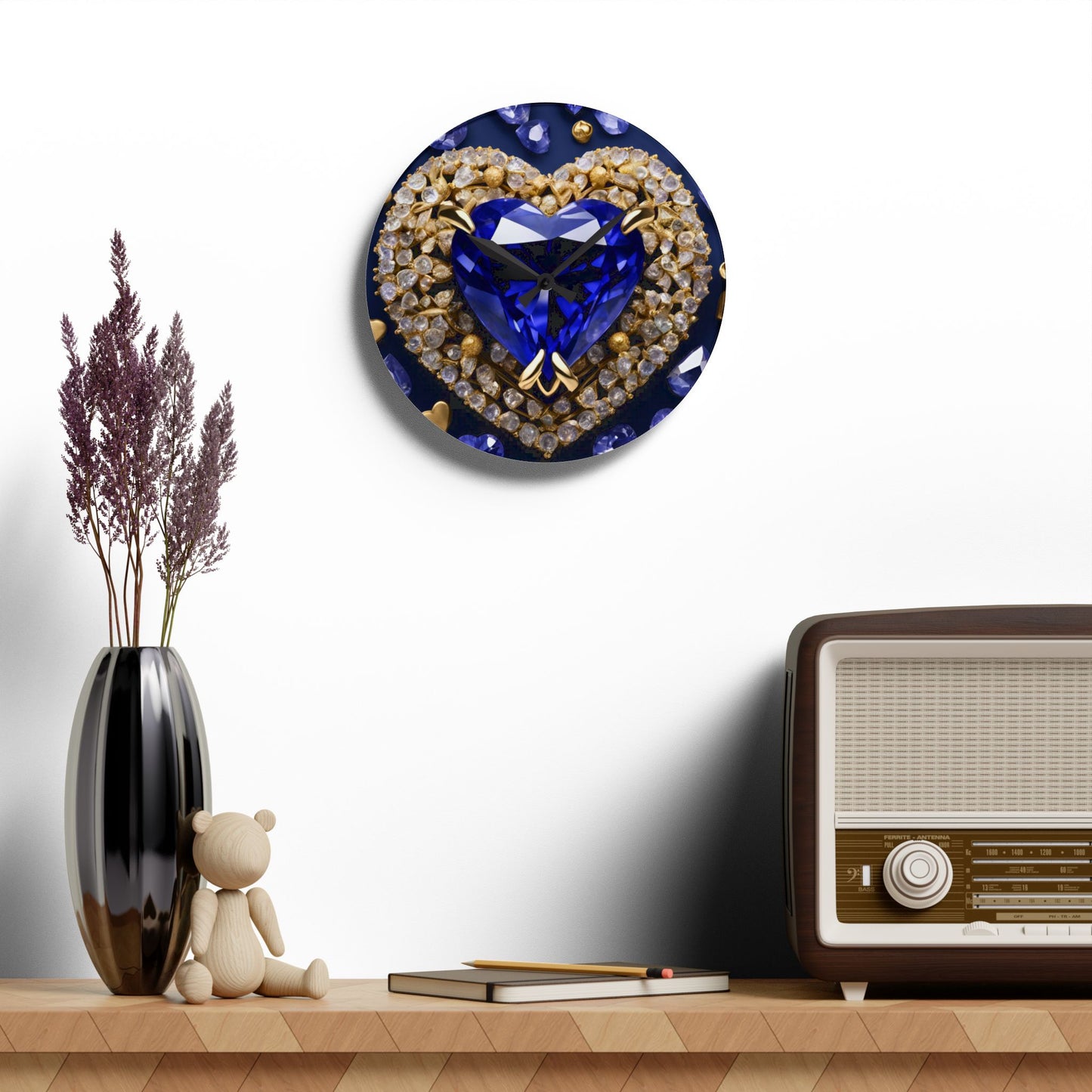 Heart Design Acrylic Office Clock Unique Colorful Wall Clock for Kitchen or Living Room Royal Sapphire Blue Brooch-look Bling Clock