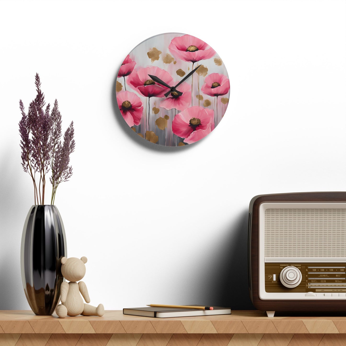 Floral Design Acrylic Clock Unique Colorful Wall Clock for Kitchen or Living Room Nature Lover Field of Flowers Gardener Gift