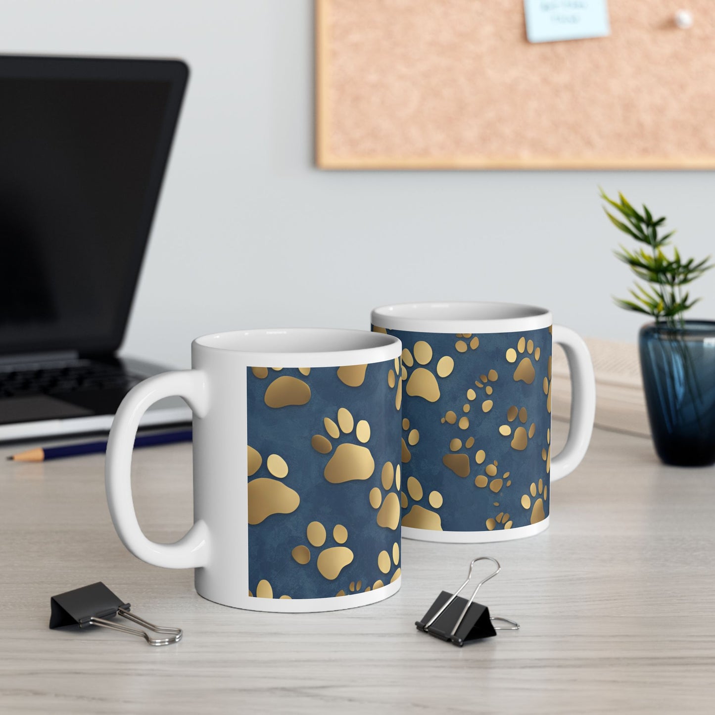 Cute Dog or Cat Paw Print Blue and Gold Ceramic Coffee Tea or Hot Chocolate Mug