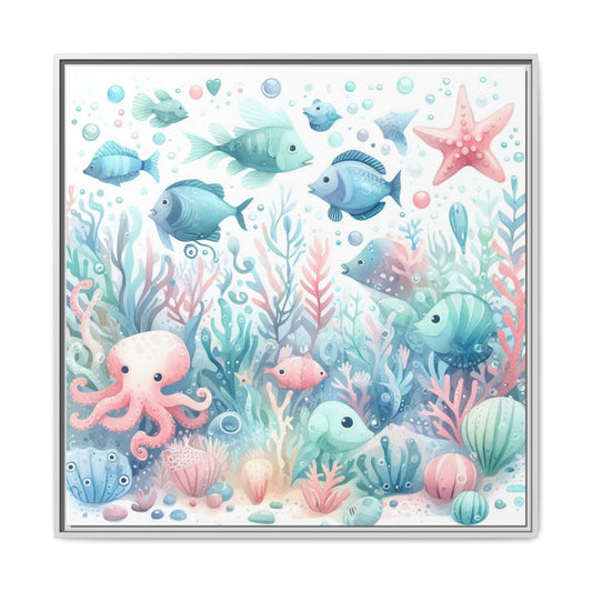 Whimsical Nursery Decor Pastel Underwater Design Unique Sweet Baby Room Framed Canvas Ocean Fish Print Unisex Baby Shower Octopus Gift