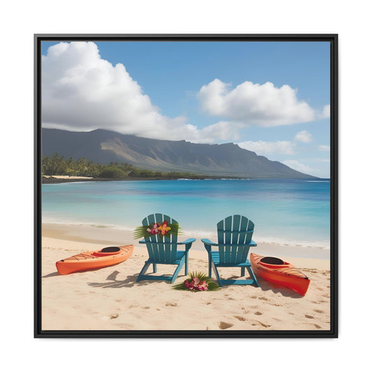 Chairs on the Beach Calm Sunny Day Framed Canvas Wall Art Beach Lover Vacation Oceanic Gift Nature Lover Peaceful Zen Gift 3 frame colors