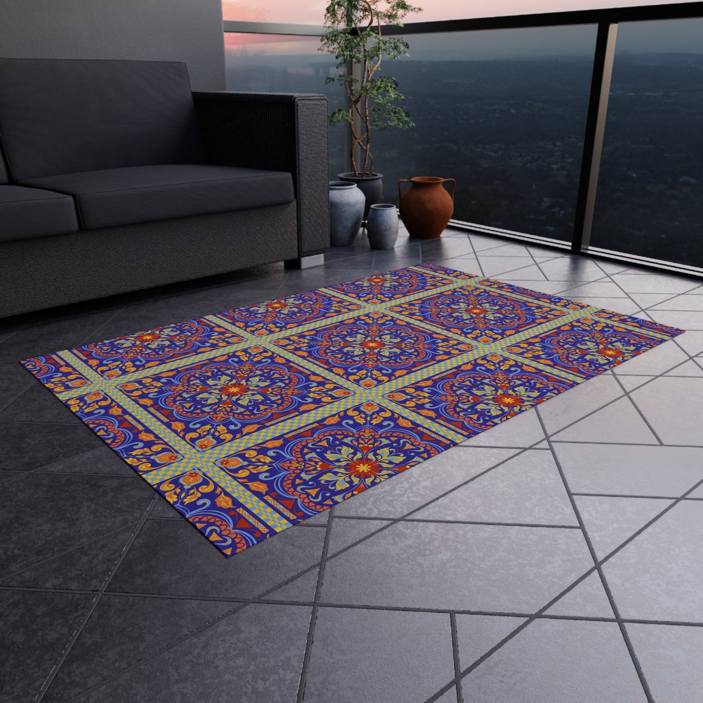 Chenille Print Pattern Outdoor Rug with No-Skid Backing Cozy Outdoor Carpet Patio Decor Gazebo Rug Pool Area Decor Outdoor Kitchen Carpet