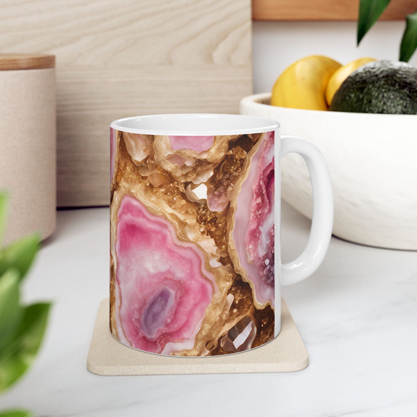 Pink and Gold Quartz Crystal Geode Design Coffee Tea Mug Boho Marble Gemologist Gift for Her Nature Lover Amethyst Stone Rock Geology Gift