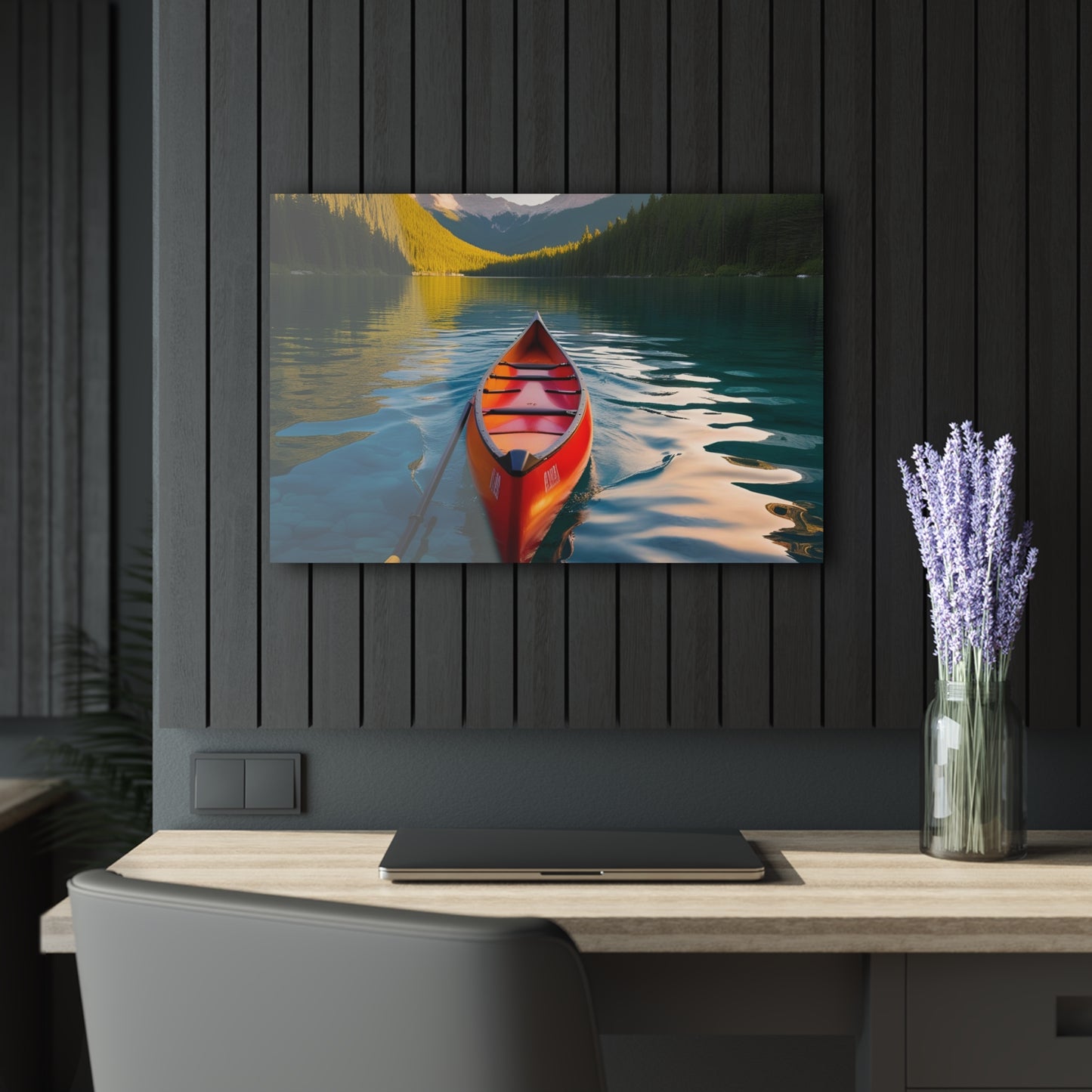 Large Canoe on Lake Acrylic Print with French Cleat Mountain Life Wall Art Outdoorsman Gift Kayak Lover Nature Artwork Modern Home Decor