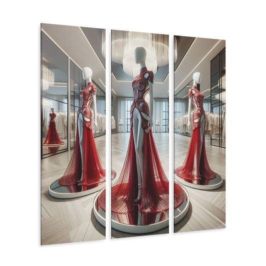 Modern Futuristic Fashion Dress Design Triptych 3-Panel Acrylic Print Wall Art Unique Haute Couture Fashionista Fantasy Style Decor