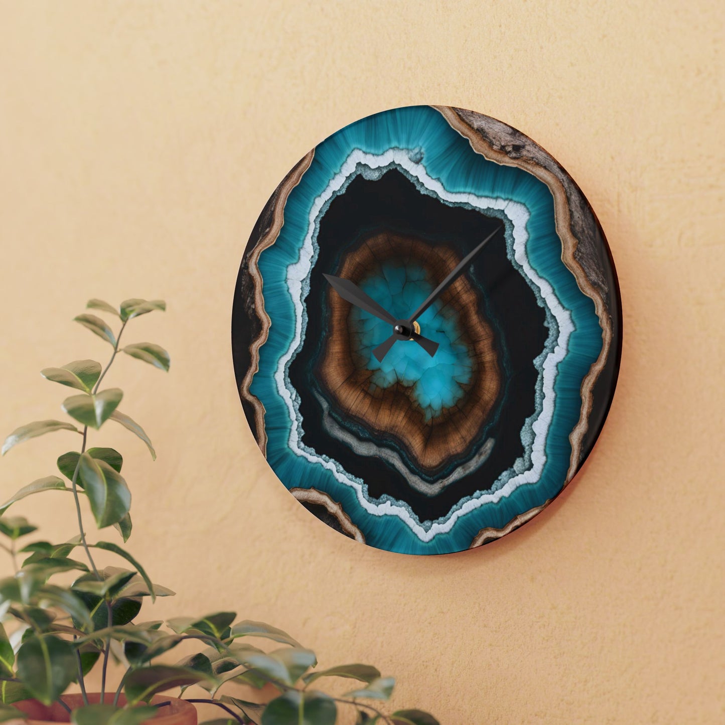 Rustic Wood-look Turquoise Geode-inspired Design Acrylic Clock Unique Colorful Wall Clock for Kitchen or Living Room Nature Lover Gift