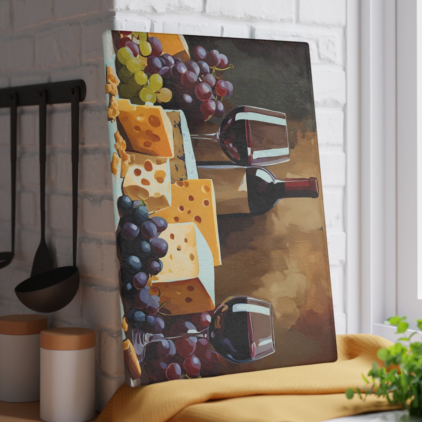 Kitchen Decor Glass Cutting Board Serving Tray with Wine and Cheese Design Cutting Board Gift for Home Cook Charcuterie Board