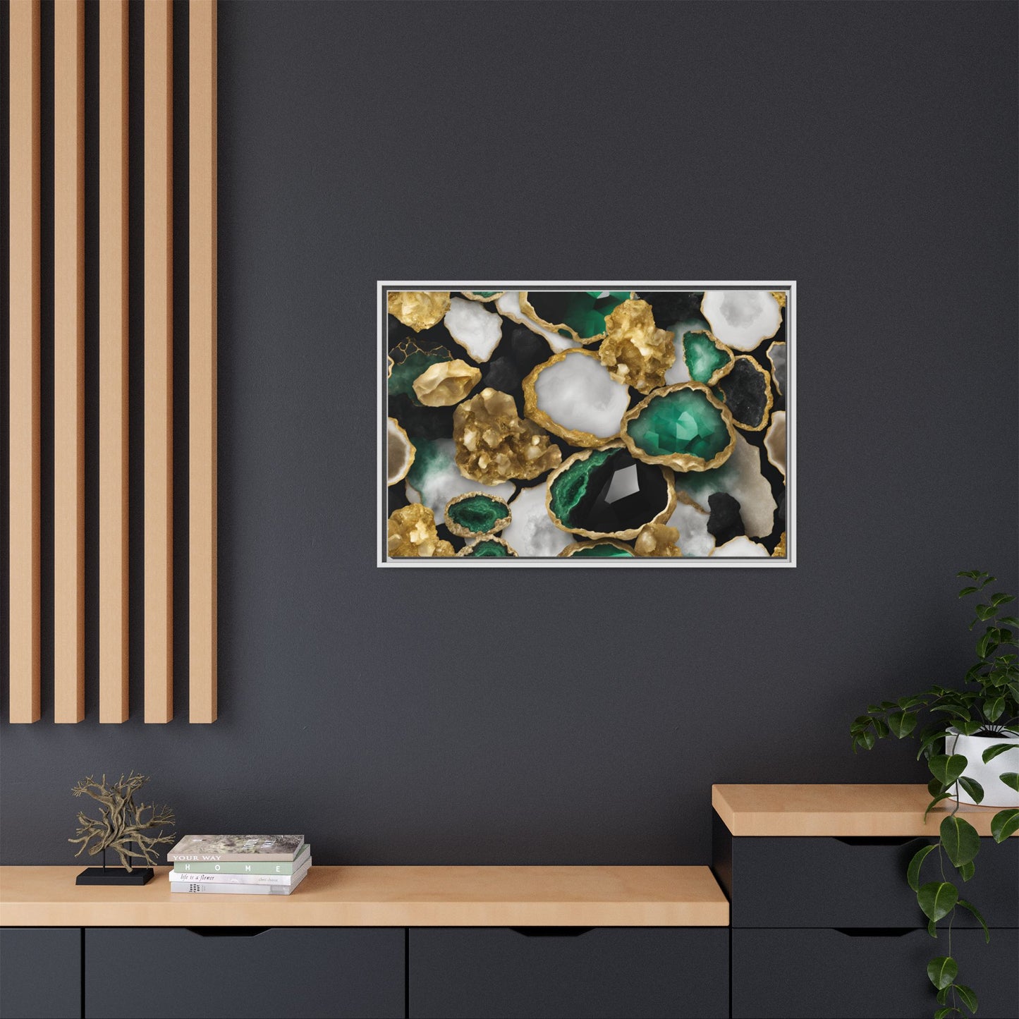 Emerald Green and Gold Quartz Crystal Design Print Matte Canvas Wall Art Nature Lover Gift Geology Rock Lover Gift 3 frame color choices