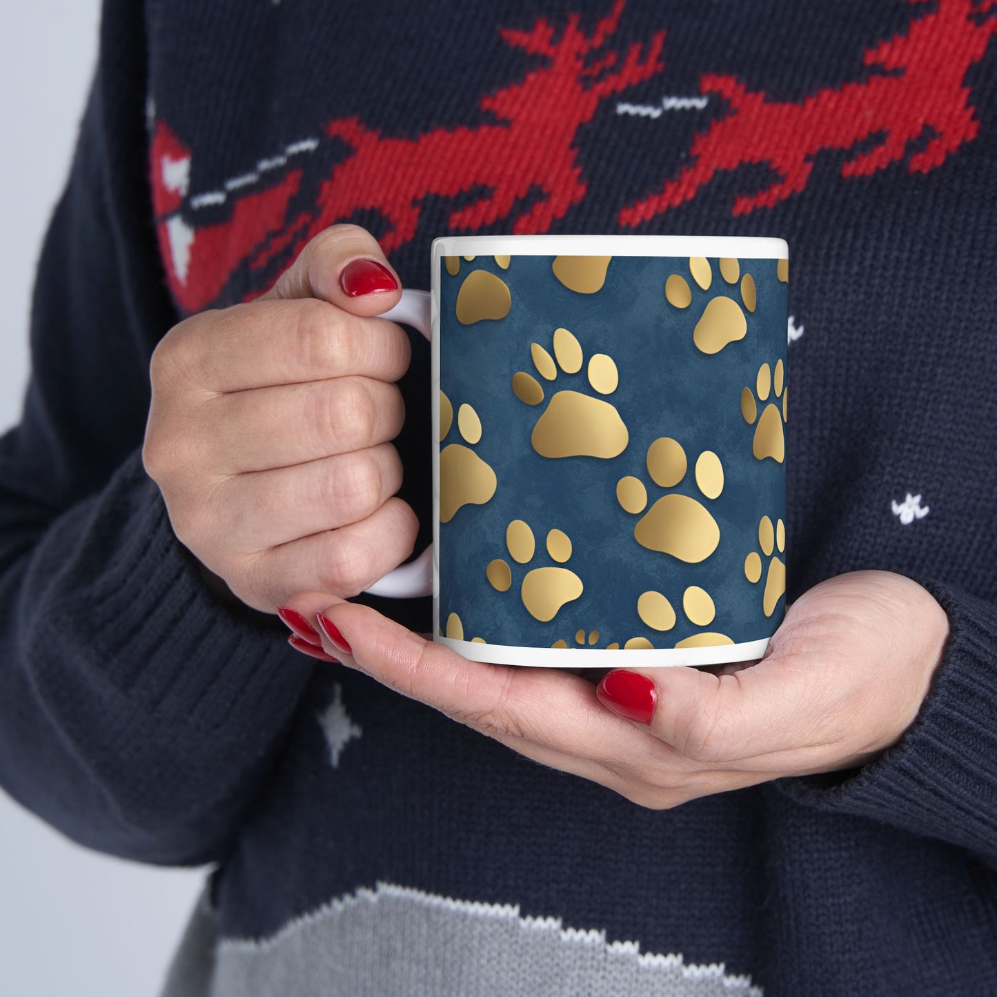 Cute Dog or Cat Paw Print Blue and Gold Ceramic Coffee Tea or Hot Chocolate Mug