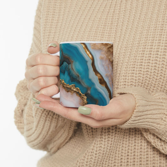 Blue and Gold Crystal Design Coffee Tea Hot Chocolate Mug Cottage Core Boho Agate Gift for Her Nature Lover Gift Geology Rock Lover Gift