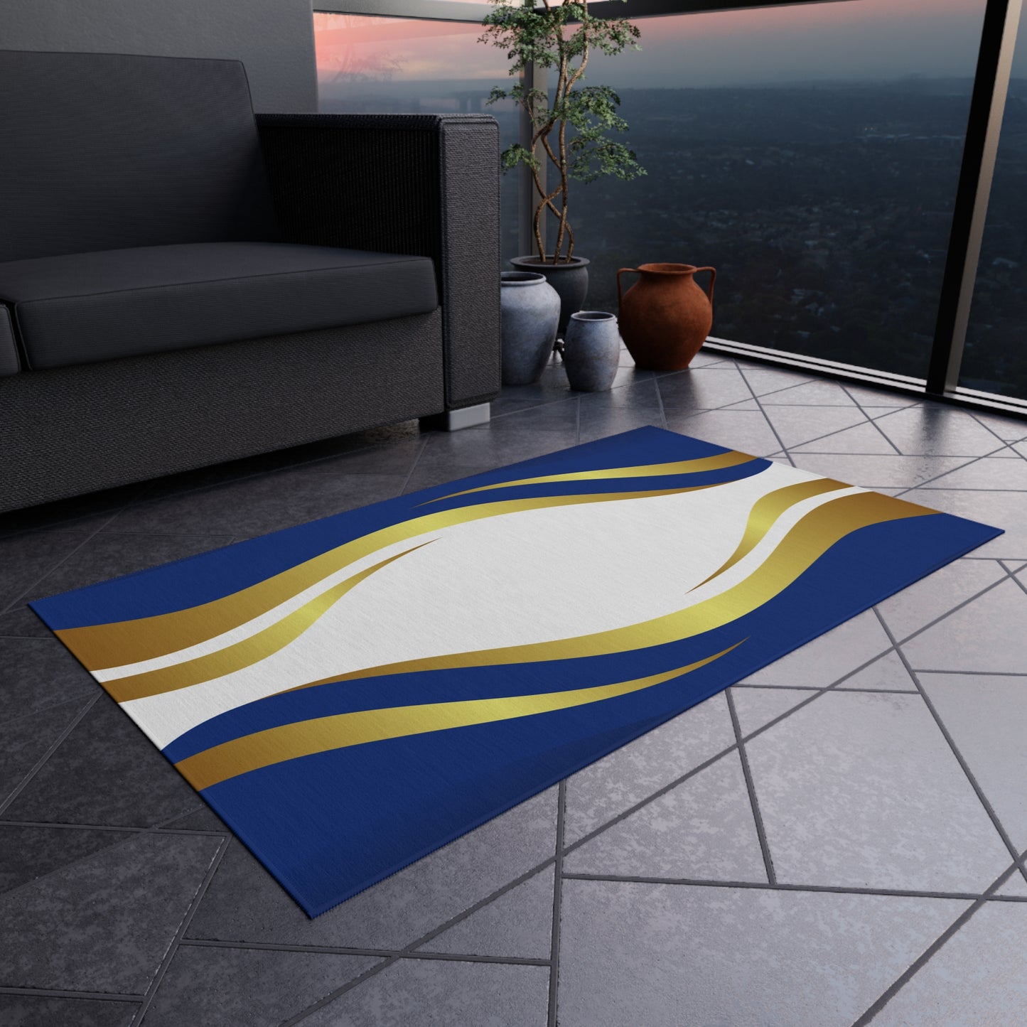 Modern Wave Design Chenille Outdoor Rug No-Skid Backing Cozy Outdoor Beachy Patio Decor Gazebo Rug Pool Area Decor Outdoor Kitchen Carpet