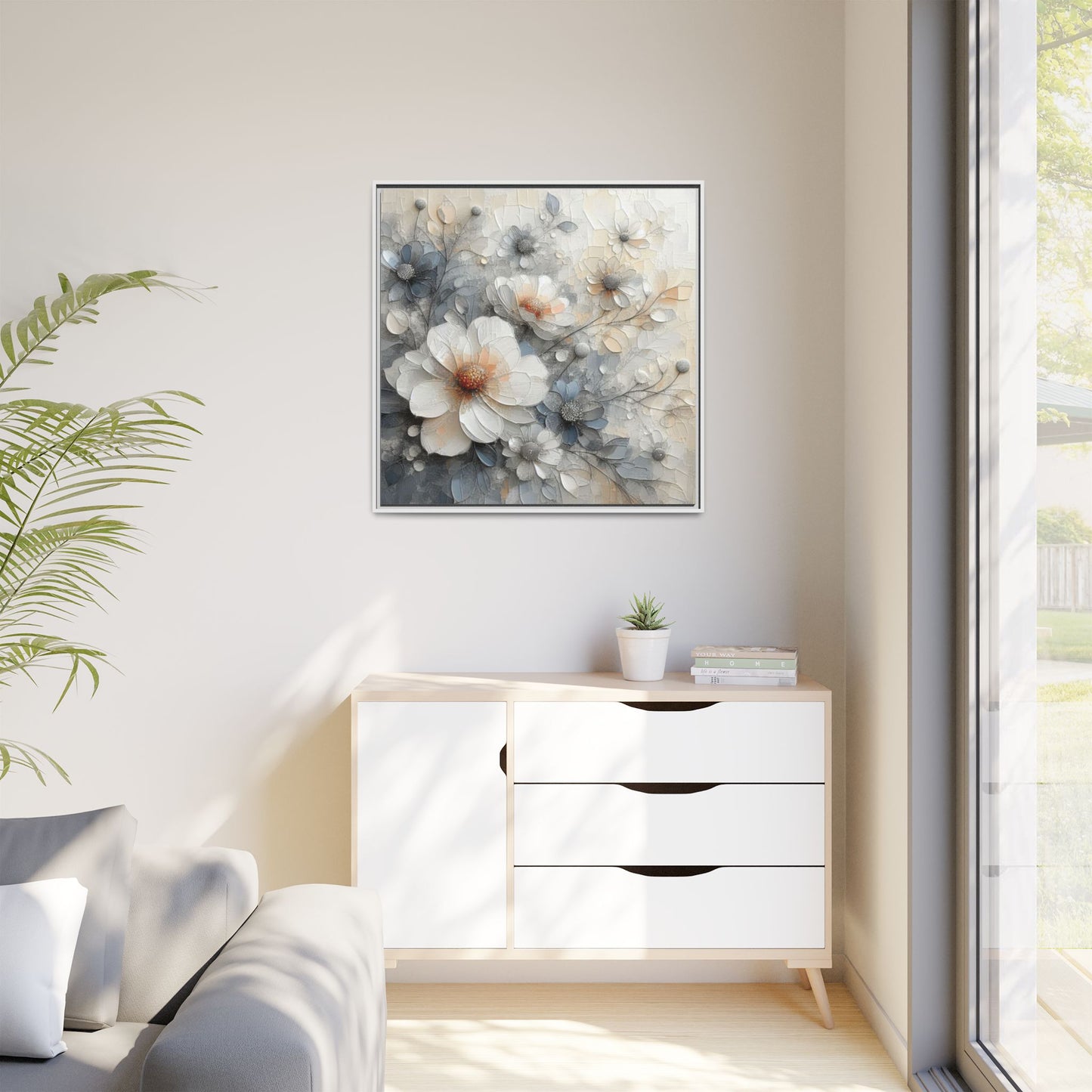 Modern Grey and White Floral Design Unique Framed Canvas Wall Art Flower Lover Gift Nature Lover Gift 3 frame colors