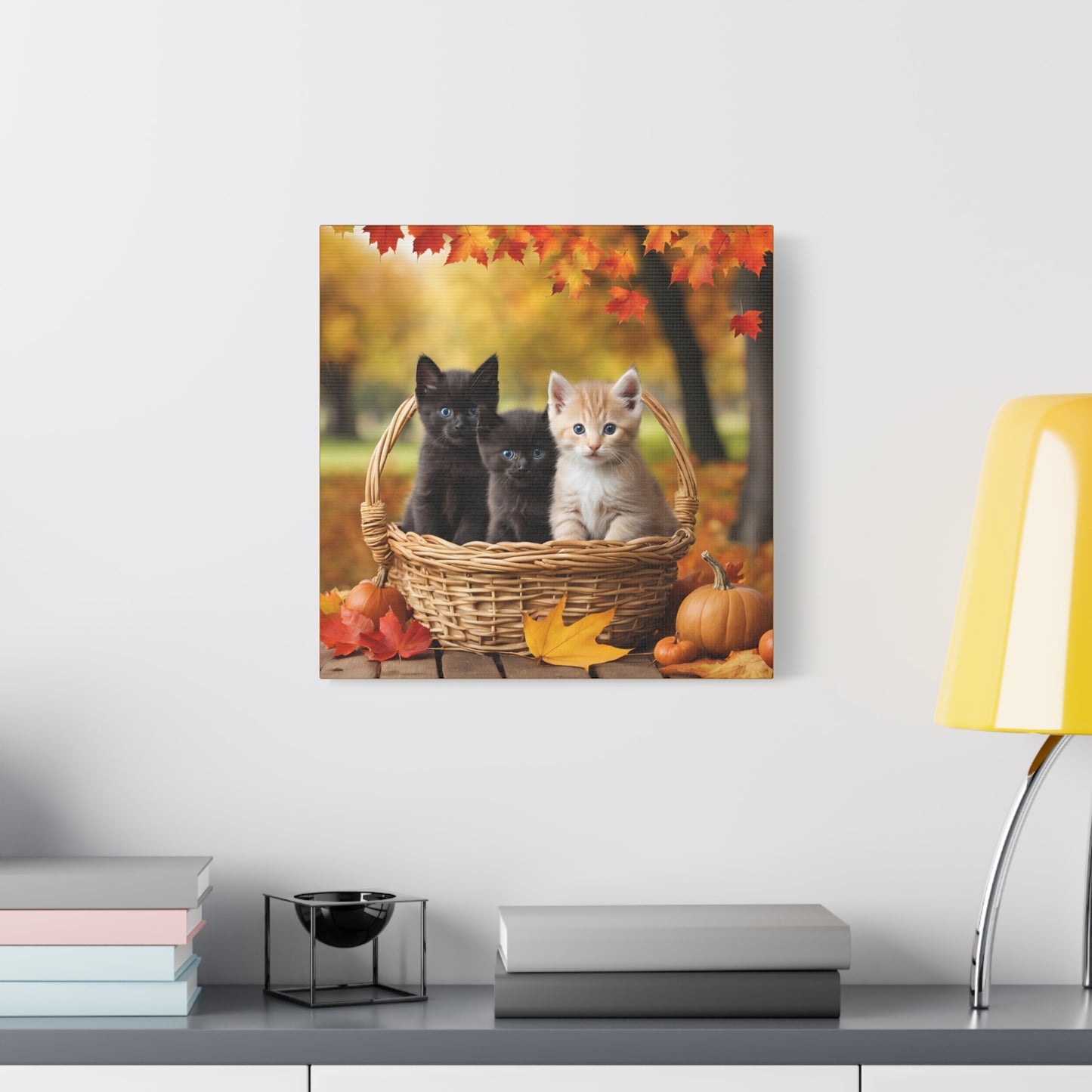 Kittens in Basket Fall Print Wall Art | Matte Canvas, Stretched, 1.25" | Cat Lover | Autumn | Pumpkins |