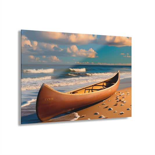 Large Canoe on the Beach Acrylic Print with French Cleat Ocean Lover Wall Art Beachy Gift Nature Lover Seashells Artwork Modern Home Decor