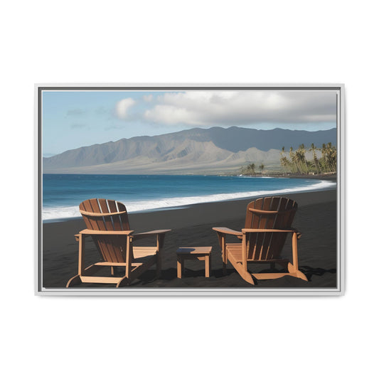 Chairs on the Maui Black Sand Beach Print Unique Framed Canvas Print Wall Art Gift Beachy Nature Lover Ocean Waves Decor 3 frame colors
