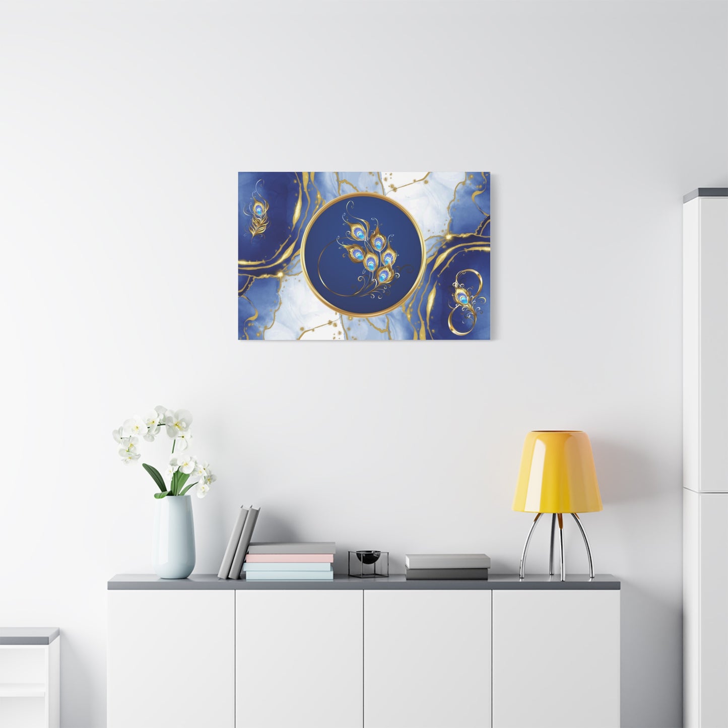 Elegant Abstract Peacock Feather Print Wall Art | Matte Canvas, Stretched 1.25" | Flowers | Modern | Blue and Gold |