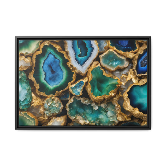 Blue, Green and Gold Quartz Crystal Geode Design Print Matte Canvas Wall Art Nature Lover Gift Geology Rock Lover Gift 3 frame color choices