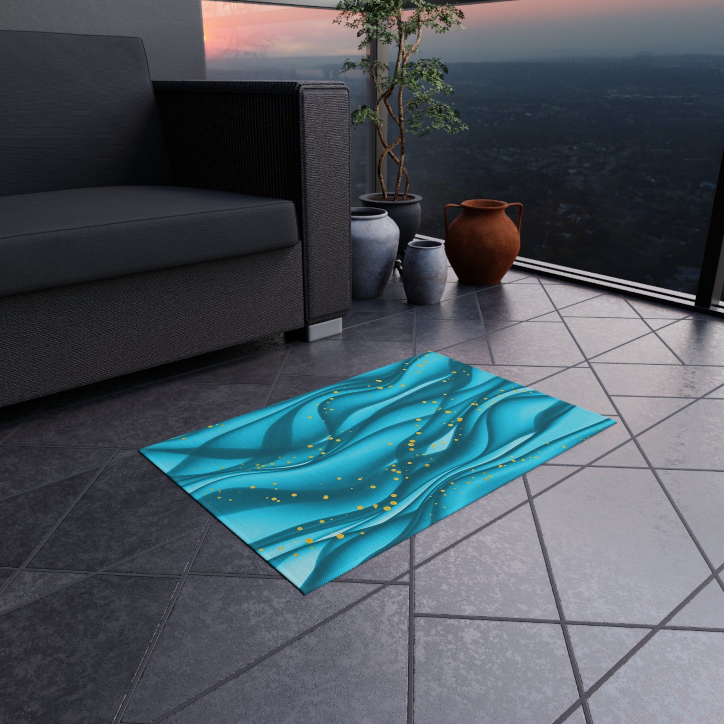 Wavy Design Chenille Outdoor Rug with No-Skid Backing Cozy Outdoor Carpet Patio Decor Gazebo Rug Beachy Tropical Pool Area Oceanic Decor