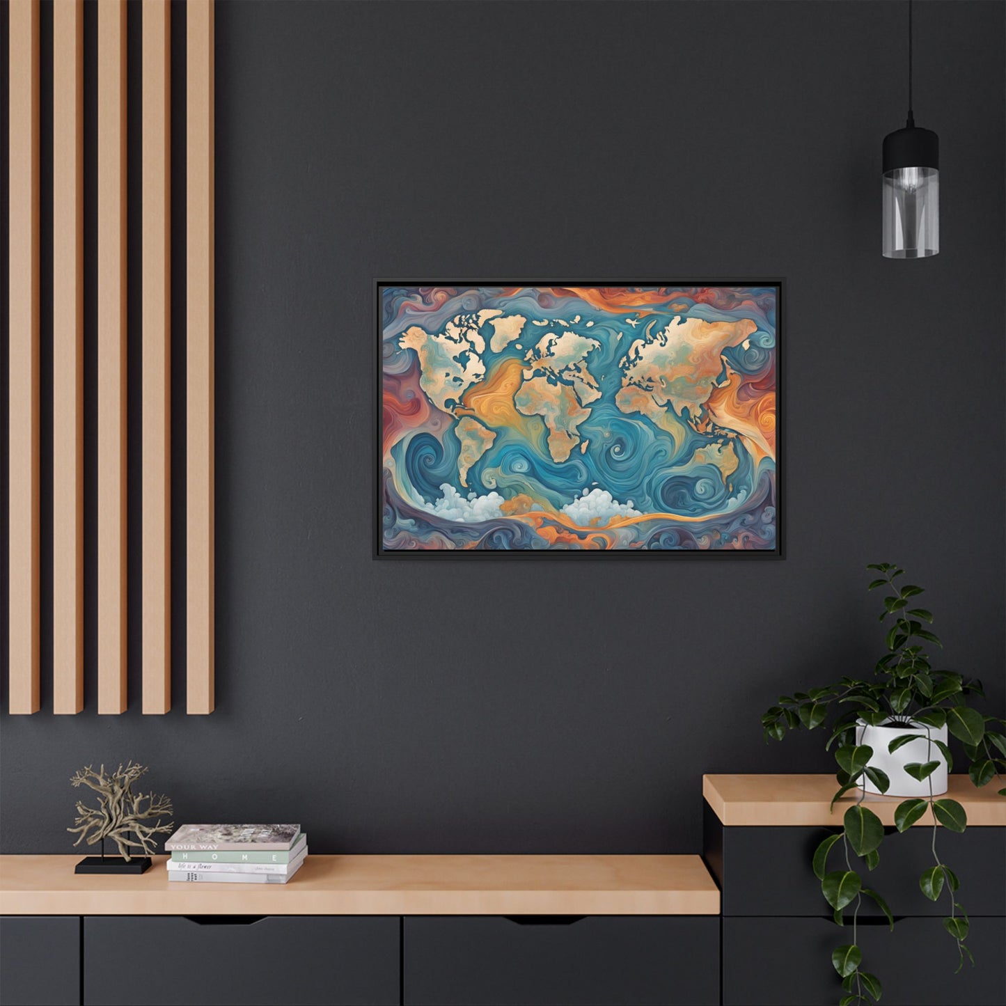 Modern Swirl Art Style Colorful Global World Map Print Matte Canvas Wall Art 3 frame colors to choose from