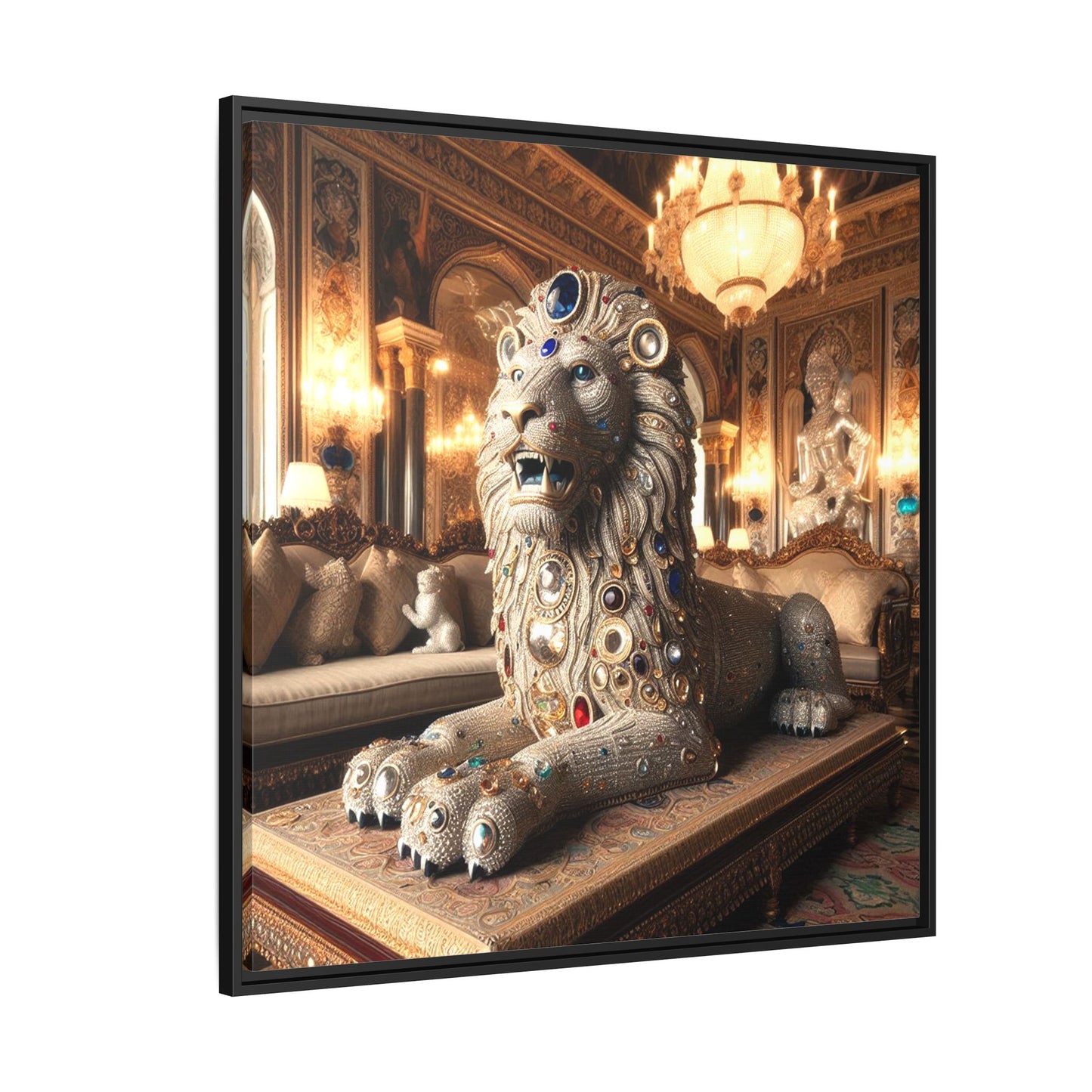 Bejeweled Lion Framed Canvas Print Wall Art Unique Fashion Designer Haute Couture Fashionista Animal Lover Gift Decor 3 Frame Colors