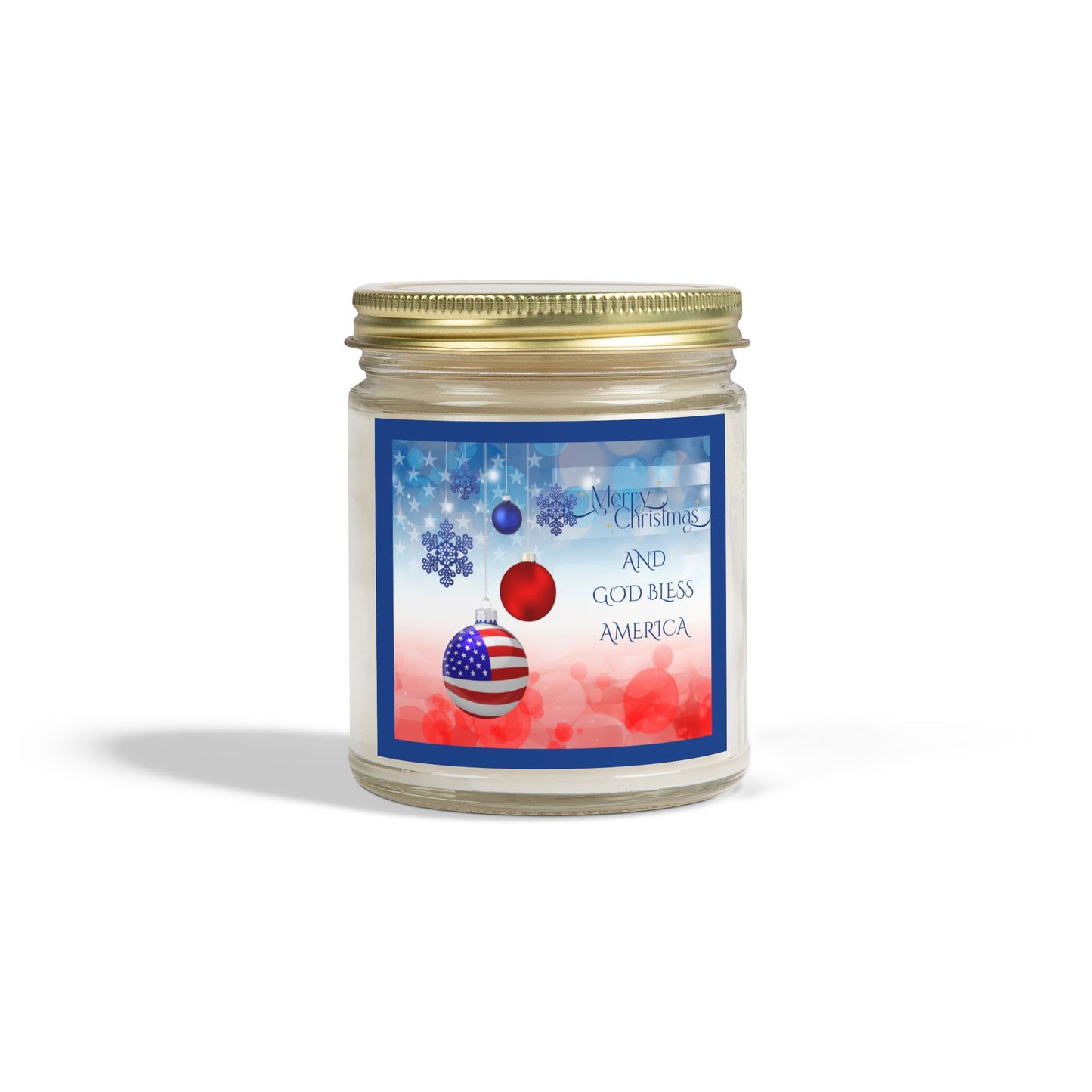 Merry Christmas God Bless America Scented Candles Holiday Winter USA Flag Candle Gift Mason Jar Candle Coconut Apricot Wax (4oz, 9oz)