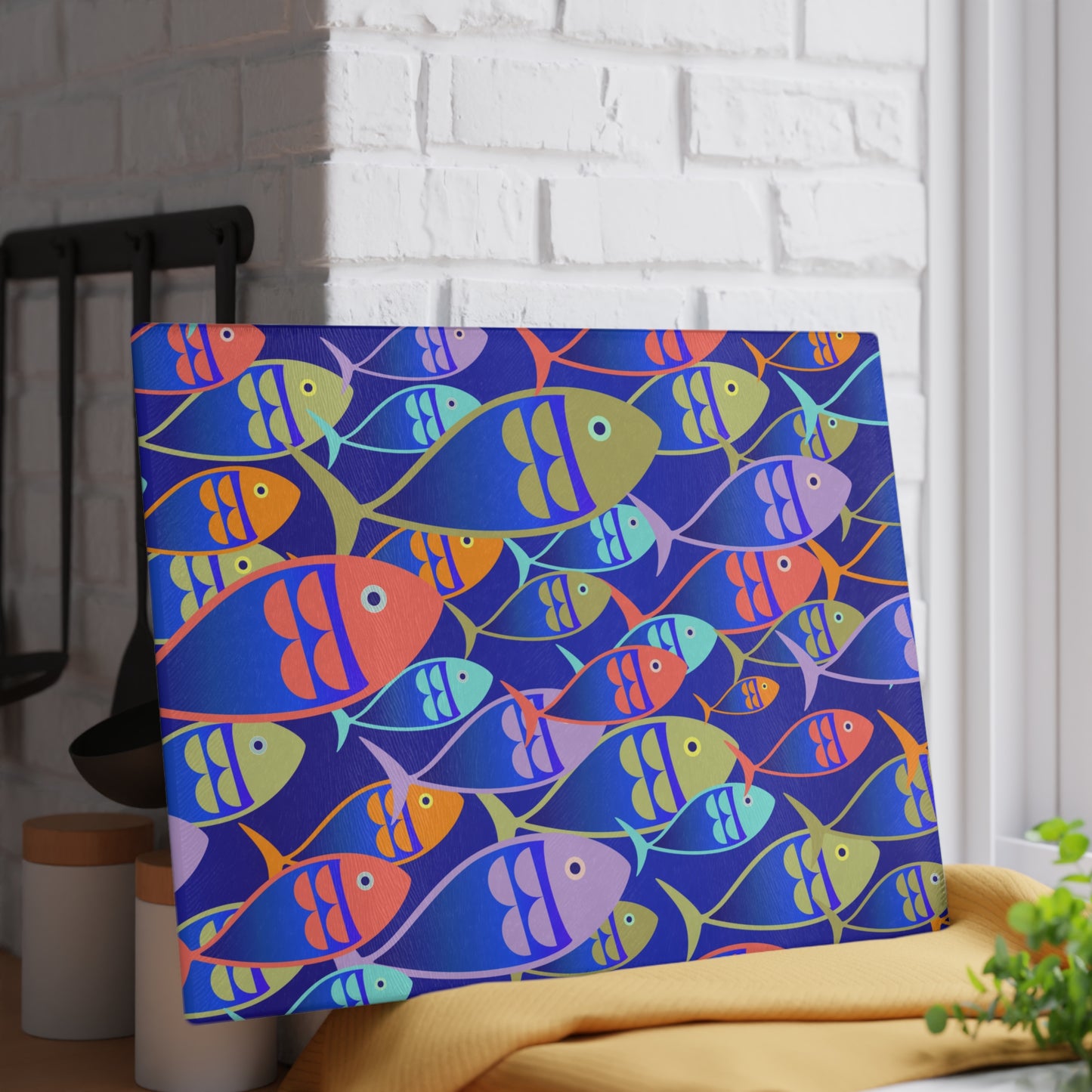 Kitchen Decor Glass Cutting Board Serving Tray with Fish Design Cutting Board Gift for Home Cook Fun Charcuterie Board