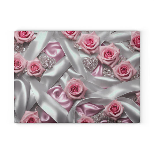 Kitchen Decor Glass Cutting Board Serving Tray with Rose Design Satin Ribbon Pattern Cutting Board Gift for Home Cook Charcuterie Board
