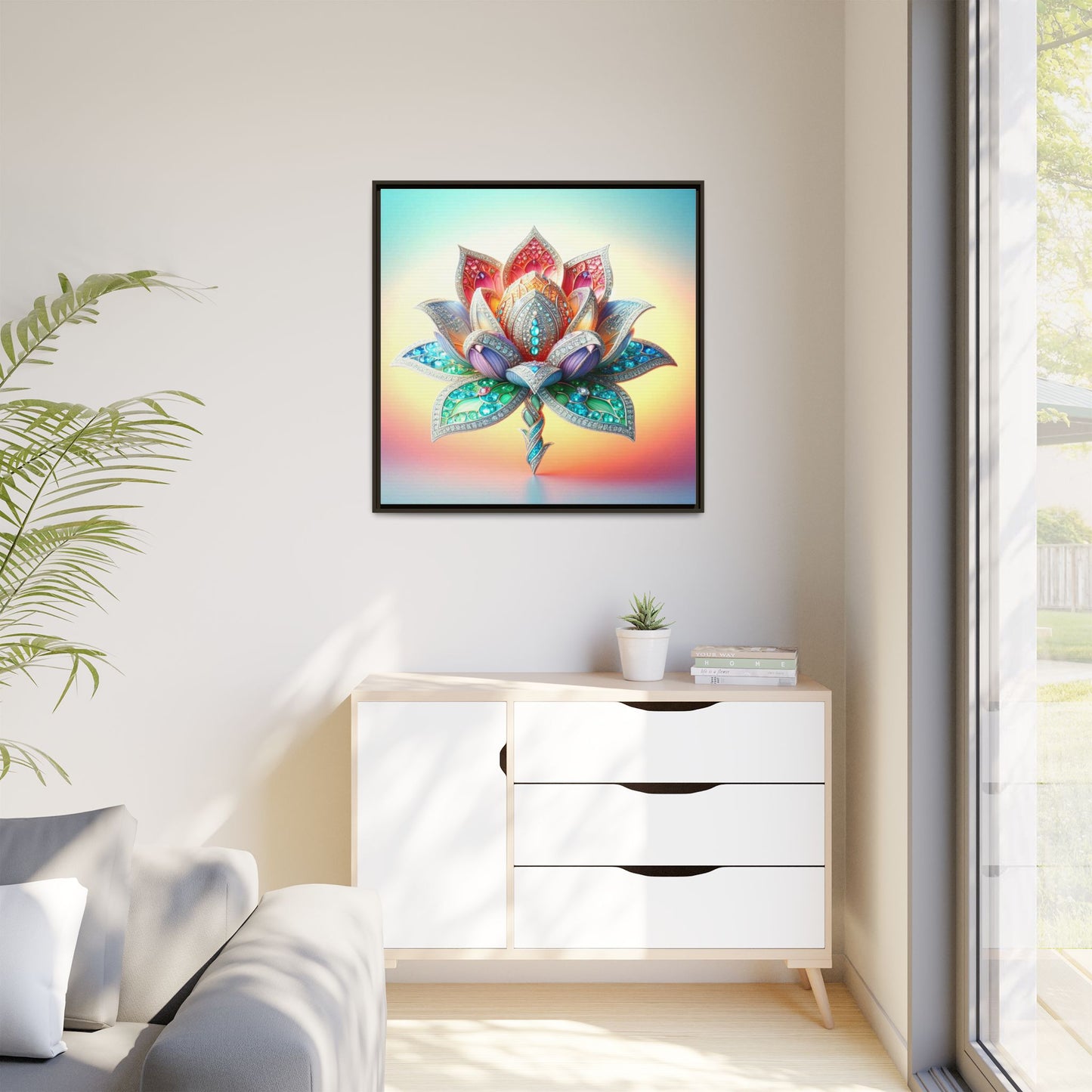 Bejeweled Lotus Blossom Framed Canvas Print Wall Art Unique Fashion Haute Couture Fashionista Flower Lover Gift Decor 3 Frame Colors