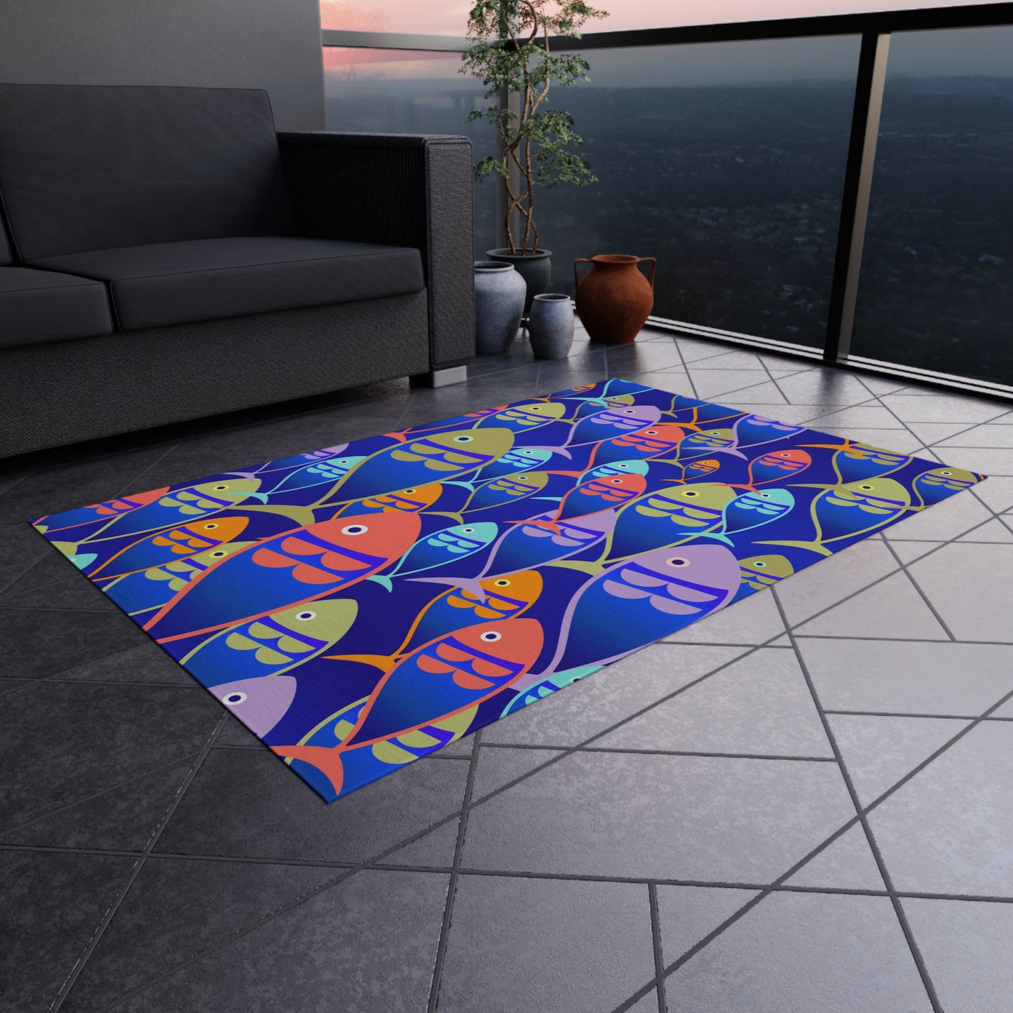 Fish Design Chenille Outdoor Rug with No-Skid Backing Cozy Outdoor Patio Carpet Oceanic Decor Gazebo Rug Pool Area Decor Kitchen Carpet