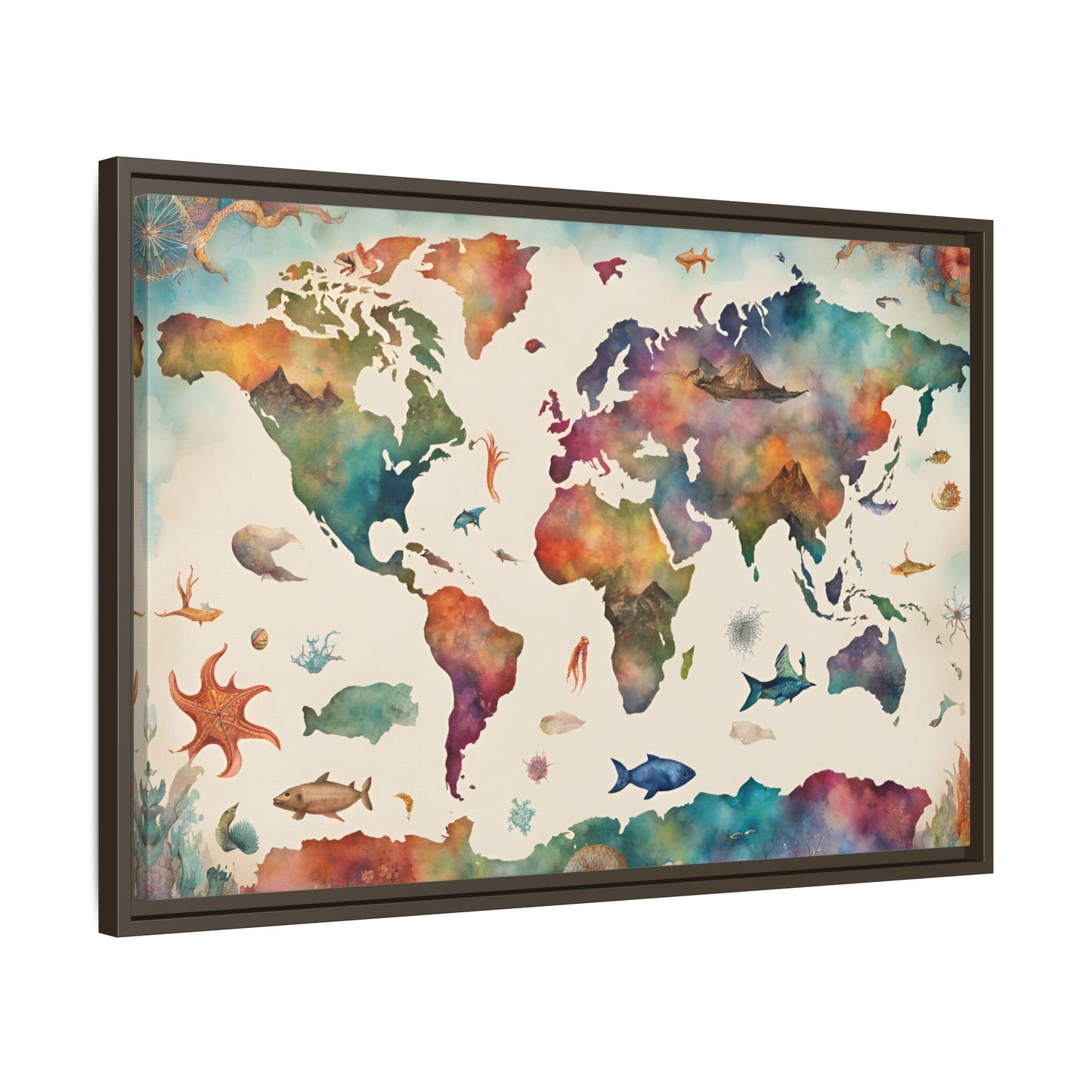 Unique Modern Art Style Colorful Marine Life Themed Global World Map Oceanic Print Matte Canvas Wall Art 3 frame colors to choose from