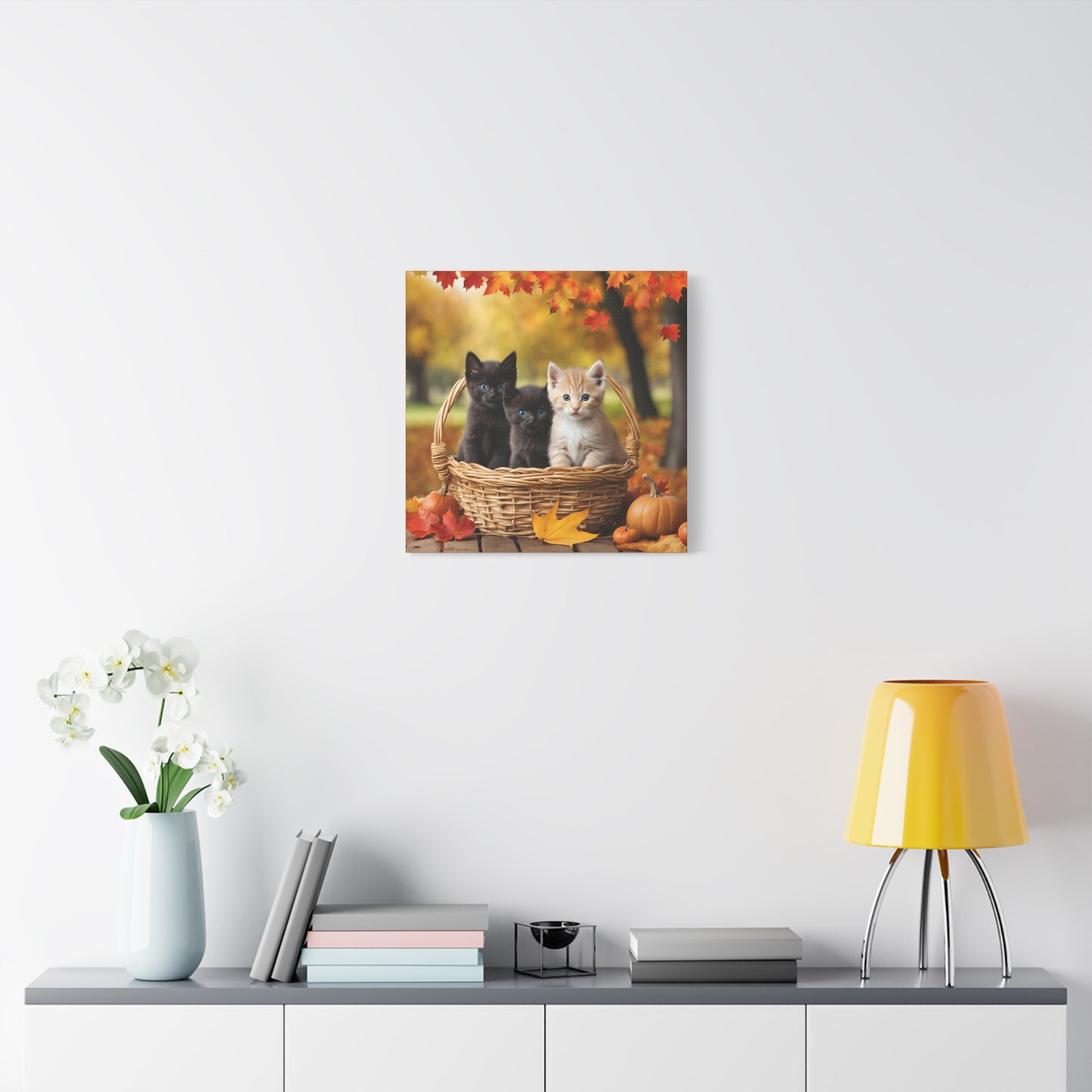 Kittens in Basket Fall Print Wall Art | Matte Canvas, Stretched, 1.25" | Cat Lover | Autumn | Pumpkins |